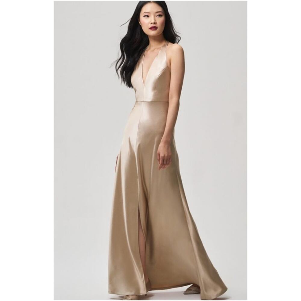 Jenny Yoo Corinne 18102 Evening Gown Women 14 Latte Satin Back Crepe Elegant NWT